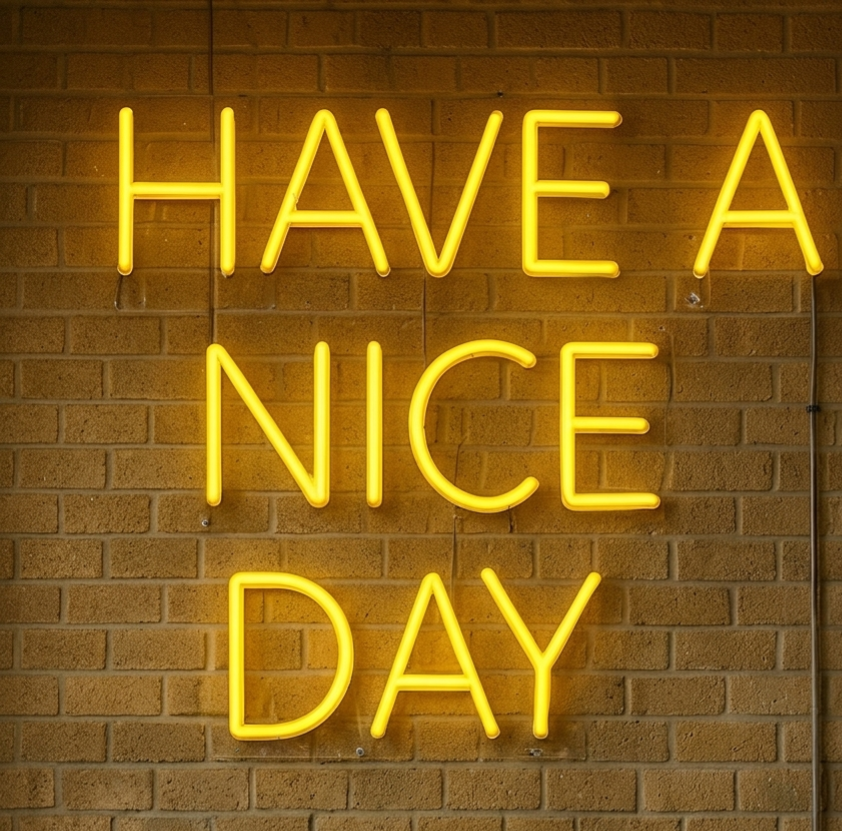 The Nice Place studio — a neon HAVE A NICE DAY sign above a chaotic architecture office